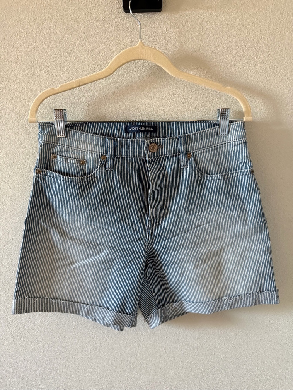 Calvin Klein Jeans Blue & White Pinstripe Denim Shorts
